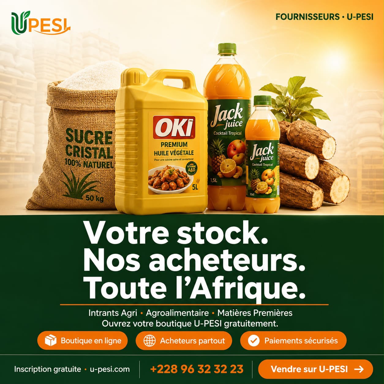 Produits de fournisseurs U-PESI : sucre, huile végétale, jus, manioc - Votre stock, nos acheteurs