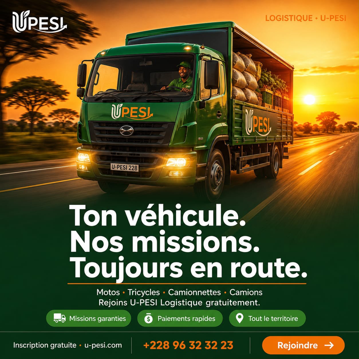 Camion de logistique U-PESI sur la route au coucher du soleil - Ton véhicule, nos missions